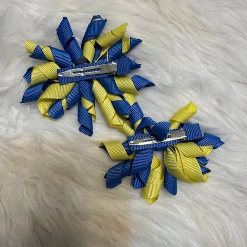 SET of Mini Blue & Yellow Korker Bows  7788  Handmade NWT Boutique